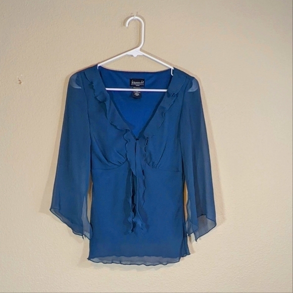 Blue Ruffle V Neck Career 3/4 Sleeve Blouse Top - Picture 1 of 5
